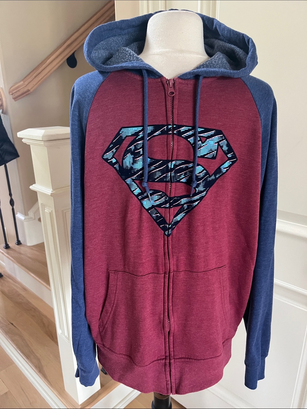 Superman Men's Zip-Up Hoodie Sweatshirt in Red and Blue with Graphic Logo